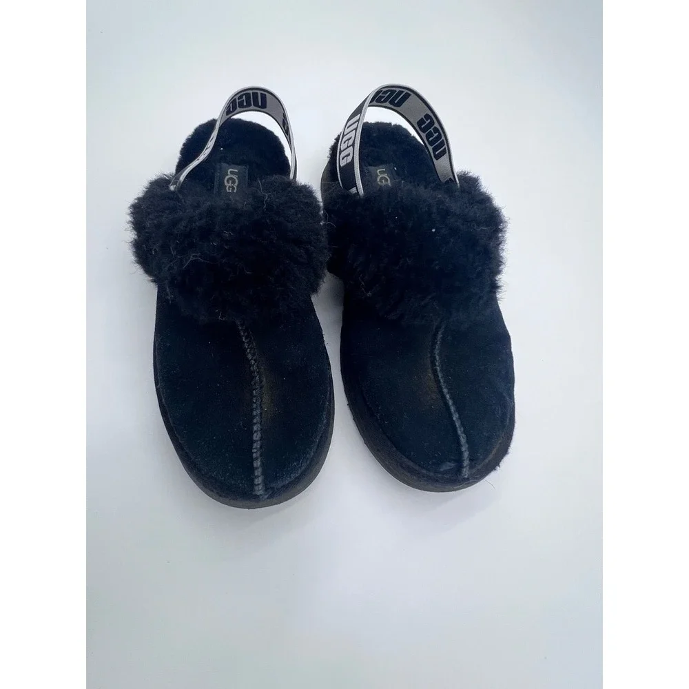 UGG Kids Black‎ Suede Sheepskin Fur Slingback Slippers Slides Shoes Size 4 Youth